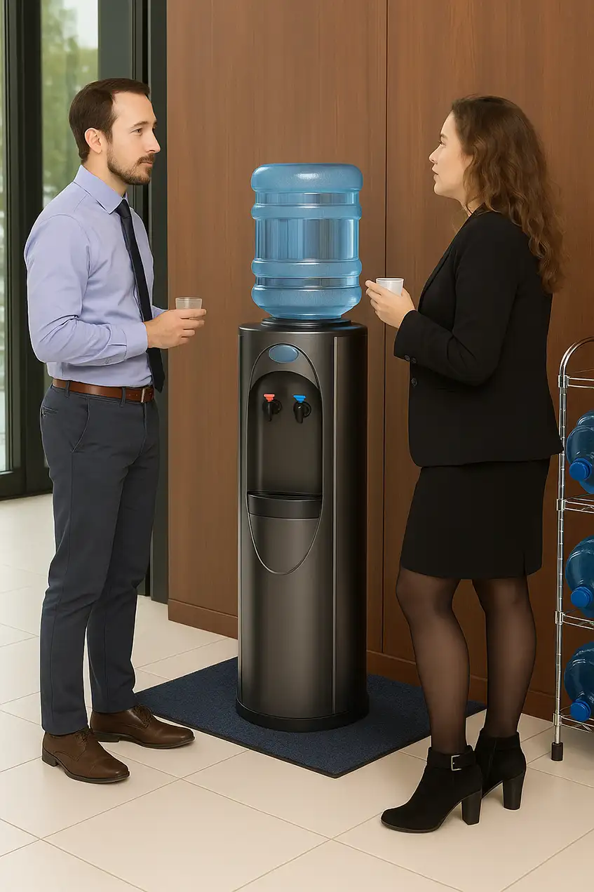 Man en vrouw drinken water bij een zwarte waterkoeler met flessen in een moderne kantoorruimte.