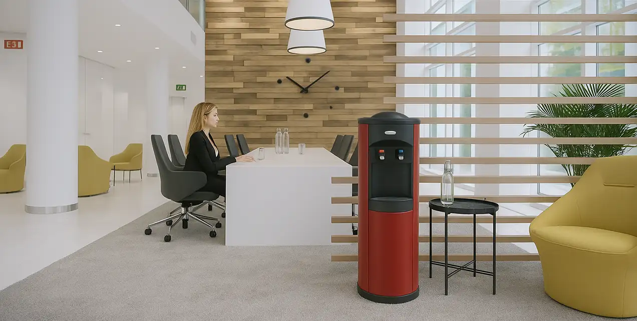 Moderne kantoorruimte met rode waterkoeler en vrouw aan vergadertafel met glazen waterflessen.