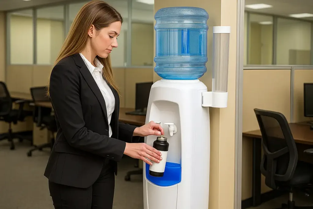 Zakenvrouw vult een fles bij een waterkoeler met flessen op kantoor.