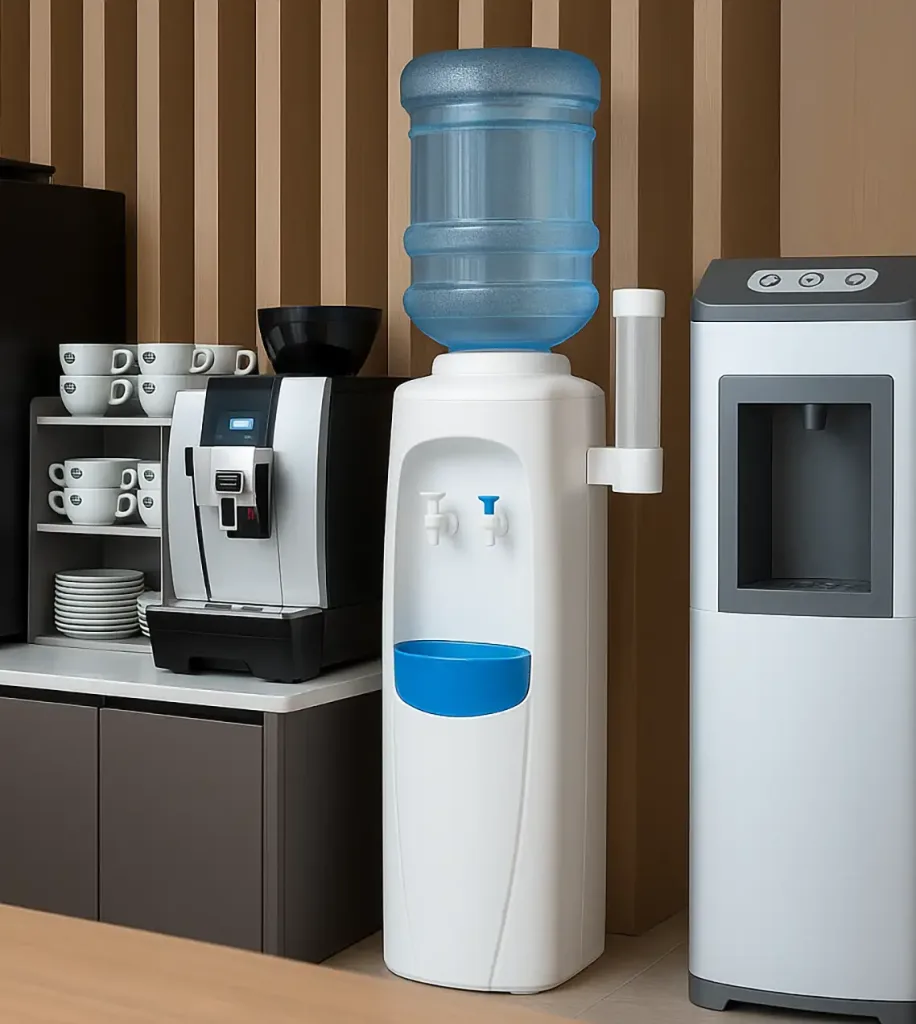 Waterkoeler met flessen en leidingwaterkoeler in een moderne kantooromgeving naast een koffiemachine en bekers.