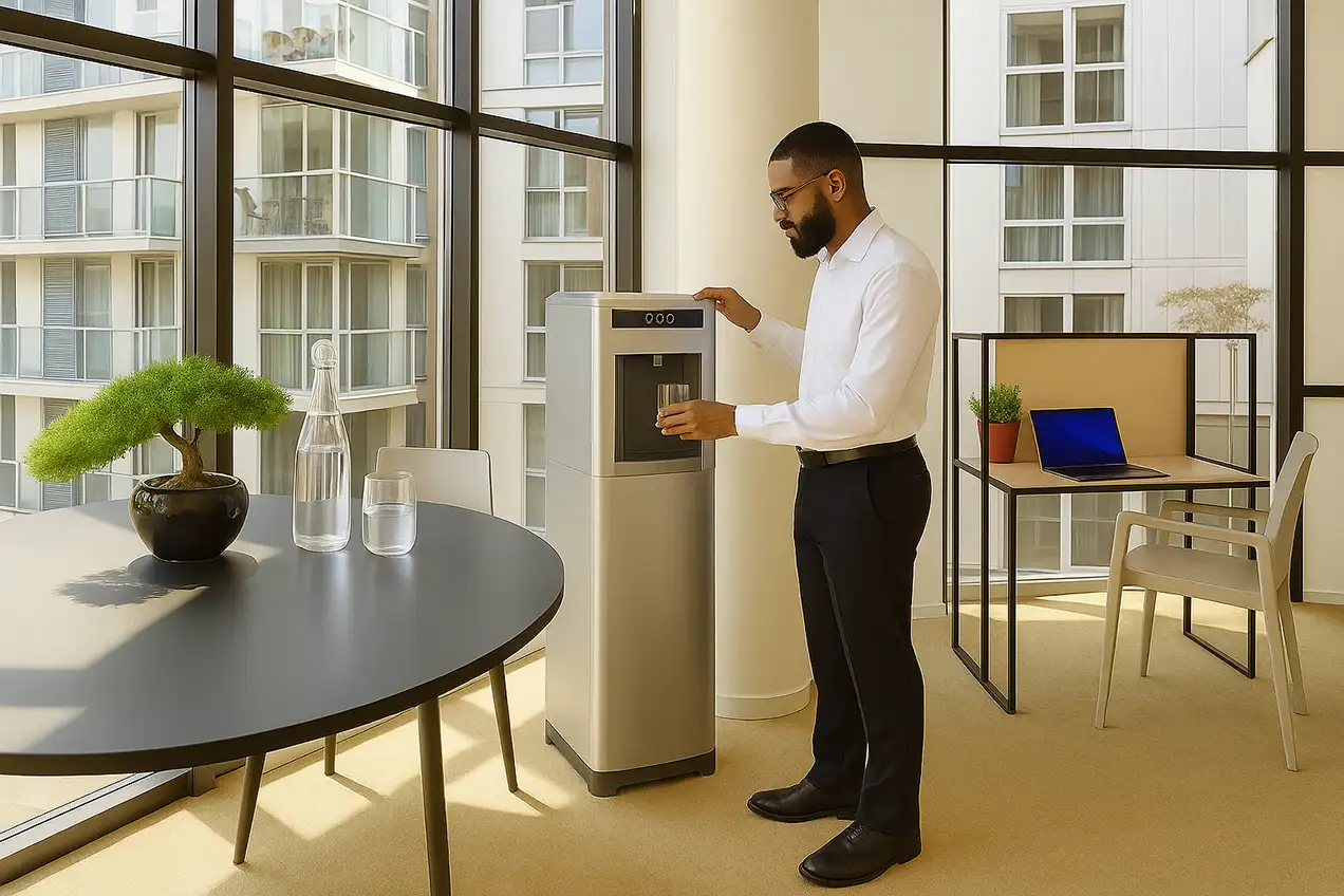 Man tapt water uit een leidingwaterkoeler in een modern kantoor met veel daglicht en glazen wanden.